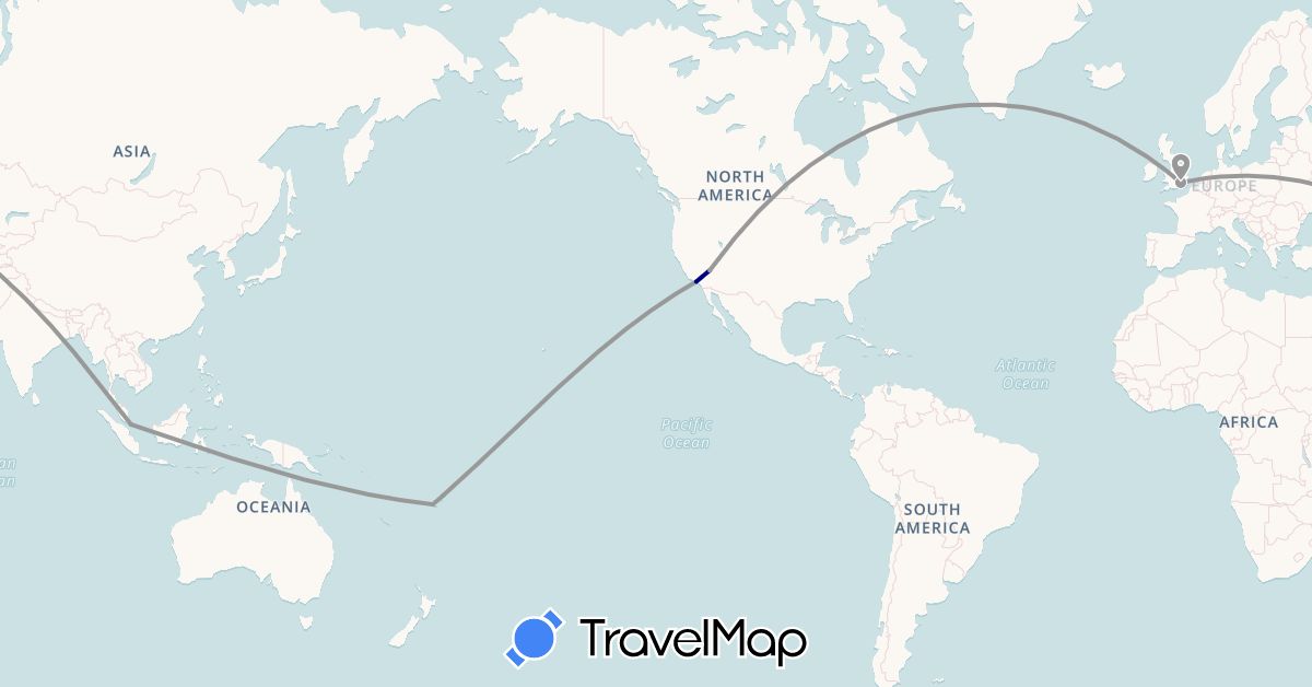 TravelMap itinerary: driving, plane in Fiji, United Kingdom, Singapore, United States (Asia, Europe, North America, Oceania)